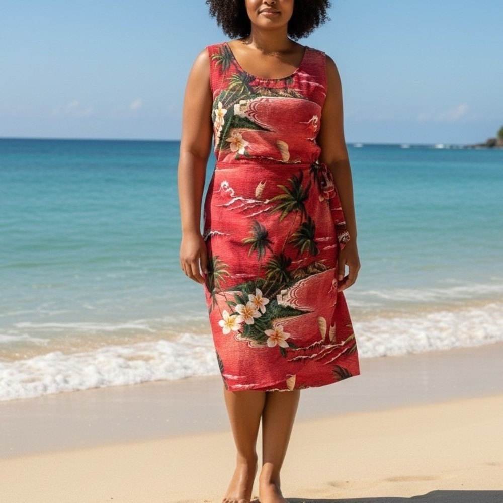Hilo Hattie Wrap Dress Womens XL Red Tropical Palm Tree Floral Hawaii Beach Luau